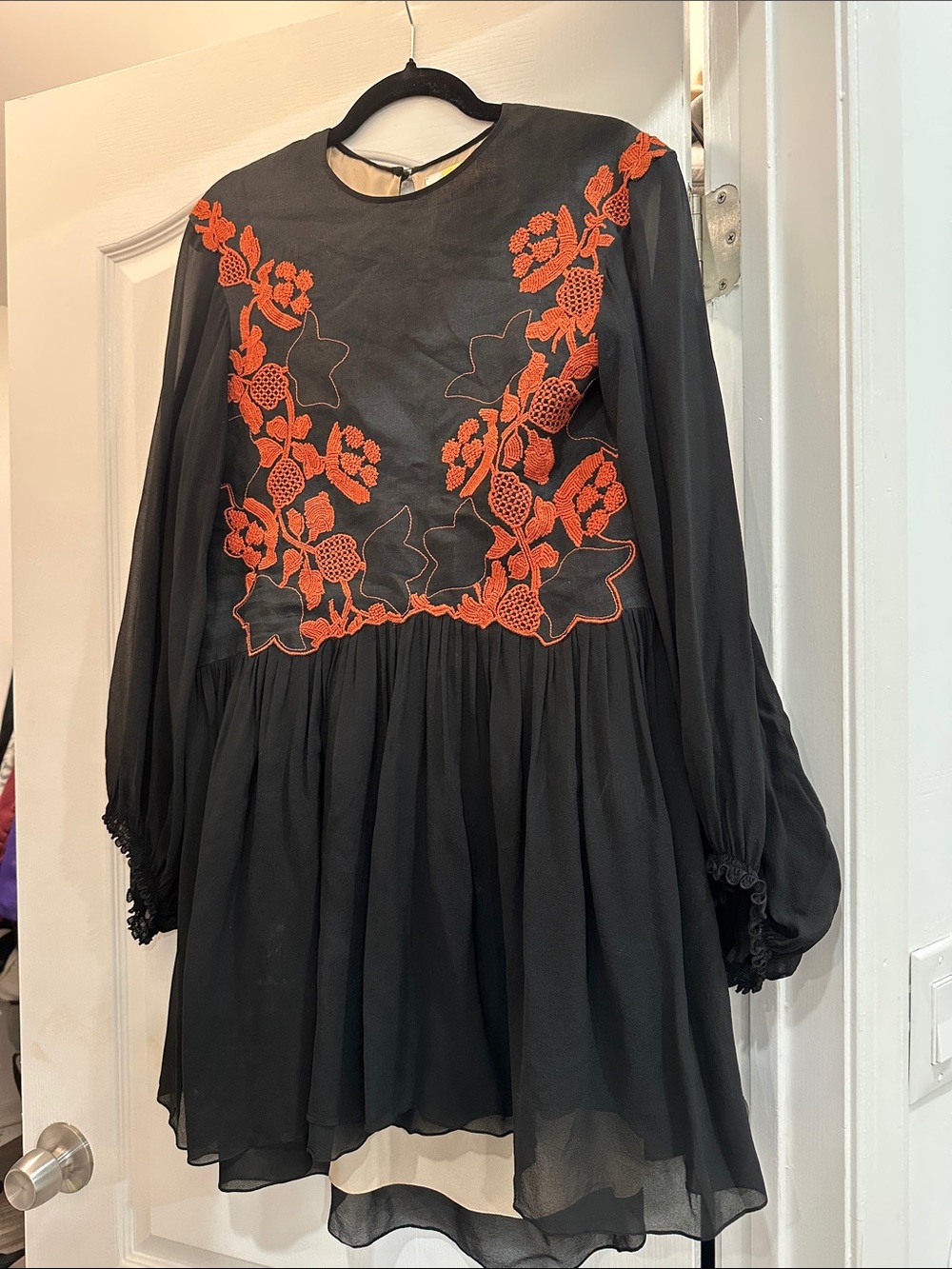 Chloe Black Chiffon Long-Sleeve Tunic with Orange Floral Embroidery